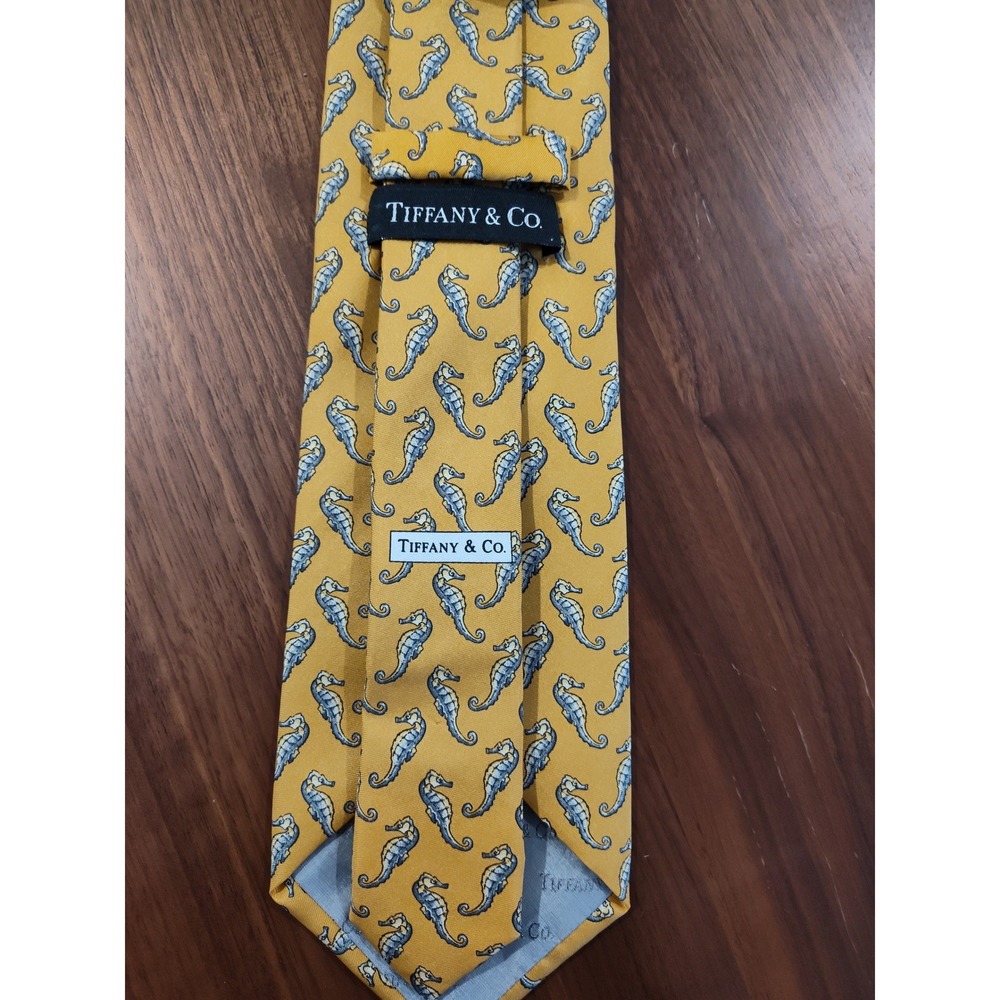 Tiffany & Co Mens Silk Tie Yellow Seahorse Nautical Print Made in Italy